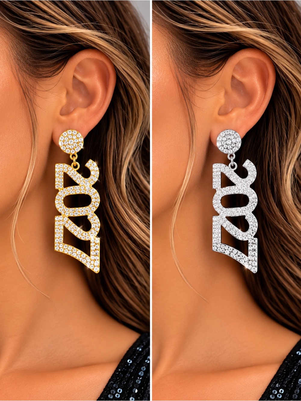 2027 Rhinestone Statement Drop Earrings New Year’s Eve Party Silver or Gold
